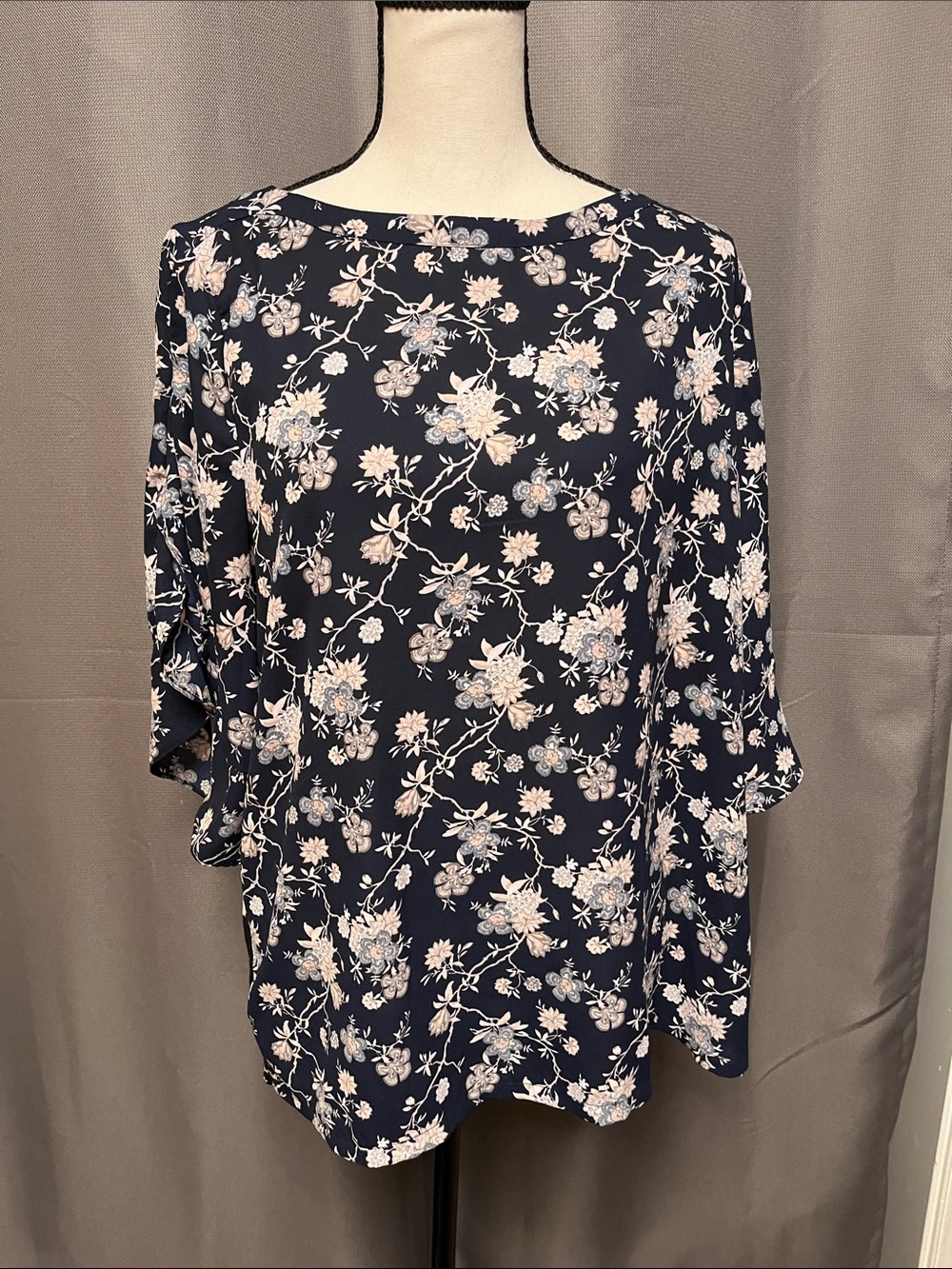 LOFT Navy Floral Boatneck Blouse with Pale Pink Accents